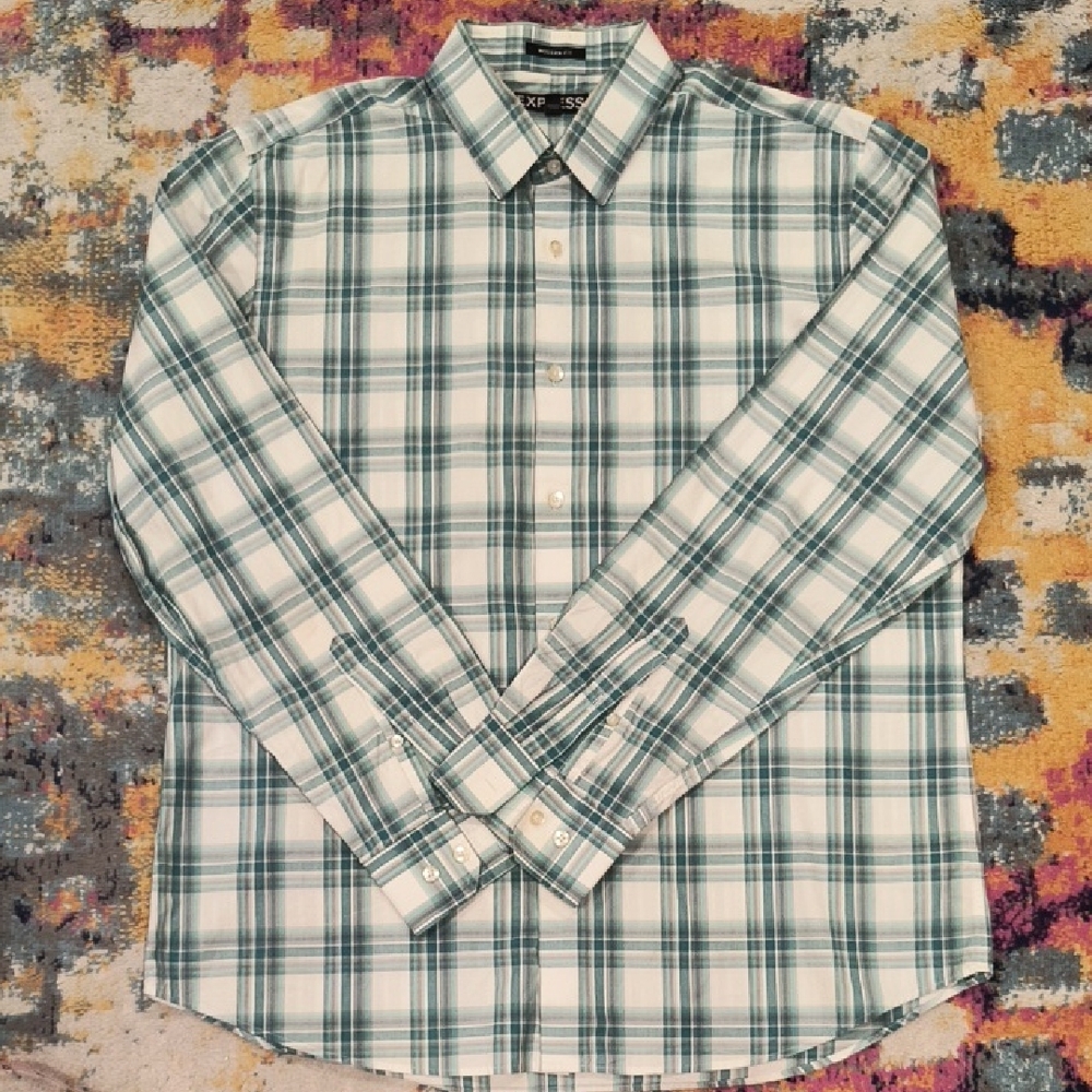 Express Men's Teal and White Plaid Shirt